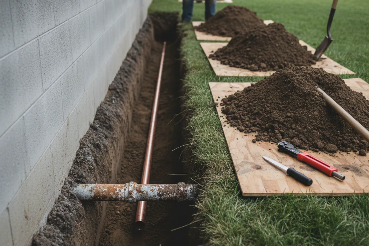 Excavated water line trench during Sewer Line Repair in Prospect